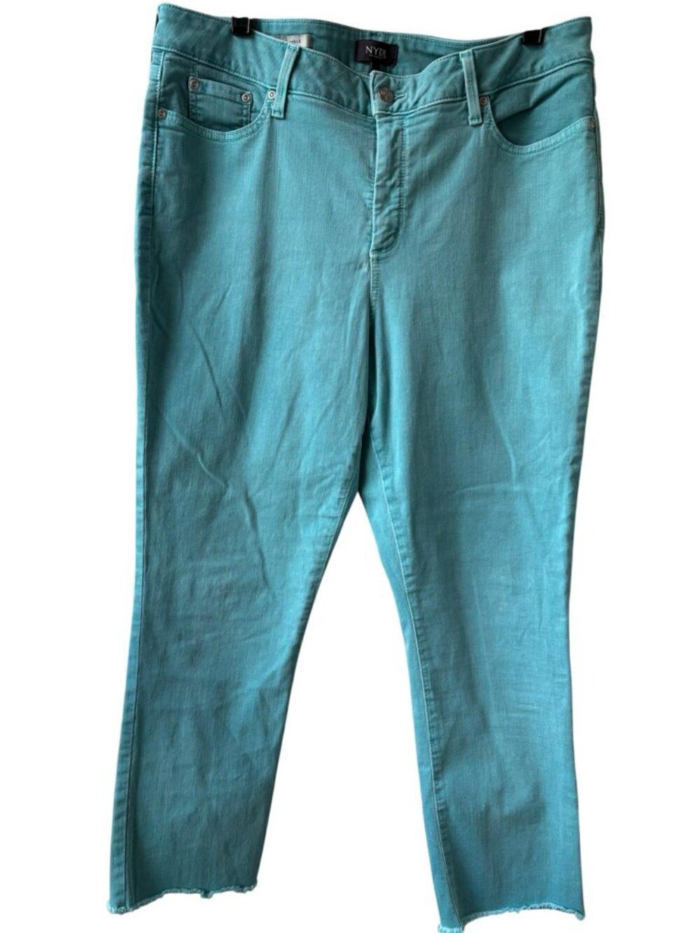 Size 16 NYDJ Sheri Ankle Jeans Turquoise Lift Tuck Raw Hem Stretch